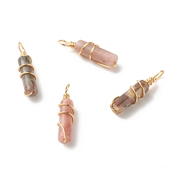 Natural Plum Blossom Jade Pendants, with Real 18K Gold Plated Eco-Friendly Copper Wire, Column, 20~21x5mm, Hole: 3mm