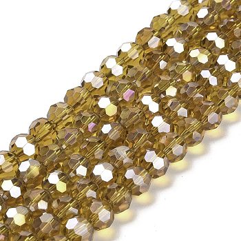Transparent Glass Beads, 32 Facets, AB Color Plated, Round, Goldenrod, 8x7~7.5mm, Hole: 1.5mm, about 66pcs/strand, 18.82''~19.06''(47.8~48.4cm)