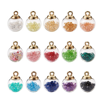 Glass Pendants, with Glass Rhinestones and CCB Plastic Findings, Golden, Round, Mixed Color, 90pcs/box
