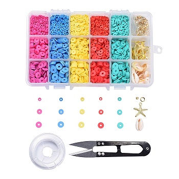 DIY Jewelry Making Kit, with Polymer Clay Beads, Mixed Cowrie Shell Beads, Brass Bead Spacers, Tibetan Style Pendants, Scissors and Stretchy Beading Elastic Wire, Mixed Color