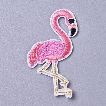 Computerized Embroidery Cloth Iron on/Sew on Patches, Costume Accessories, Appliques, Flamingo Shape, Hot Pink, 68x41x1.5mm