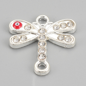 Alloy Rhinestone Links connectors, Cadmium Free & Lead Free, Dragonfly with Evil Eye, Red, Silver Color Plated, 19x18x2mm, Hole: 1.5mm