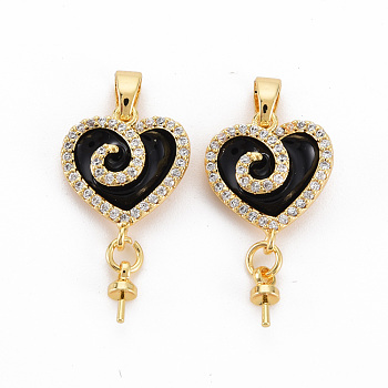 Brass Micro Pave Clear Cubic Zirconia Peg Bails Pendants, for Half Drilled Bead, Nickel Free, with Enamel and Brass Snap on Bails, Real 18K Gold Plated, Heart, Black, 28mm, Hole: 4.5x2.5mm, Pin: 1mm(for half drilled beads), Heart: 15x13x4mm