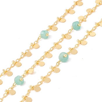 Natural Flower Amazonite Column Beaded Chains, with Brass Paperclip Chains and Flat Round Charm, Soldered, with Spool, Lead Free & Cadmium Free, Golden, 2x1x0.5mm, 5.5x3x1mm