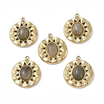 Vacuum Plating 201 Stainless Steel Natural Labradorite Pendants, Real 18K Gold Plated, Flat Round Charms, 18.5x16x4.5mm, Hole: 1.4mm