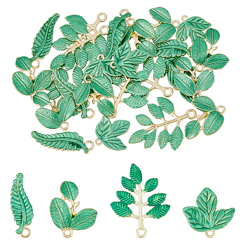 40Pcs 4 Style Alloy Enamel Pendants, Light Gold, Leaf & Leafy Branch & Maple Leaf, Green, 22~36.5x10~28x1.5~3mm, Hole: 2~2.6mm, 10pcs/style