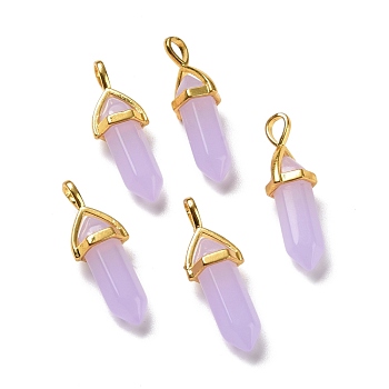 Luminous/Glow Bullet Glass Pointed Pendants, with Golden Tone Brass Findings, Lead Free and Cadmium Free, Lilac, 28~29.5x9~9.5x8mm, Hole: 4.5x3mm
