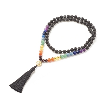 7 Chakra Buddhist Necklace, Natural & Synthetic Mixed Gemstone Round Beaded Necklace with Alloy Lotus and Big Tassel for Women, 31.50 inch(80cm)