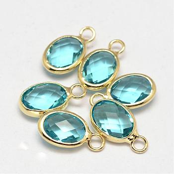 Oval Faceted Golden Tone Brass Glass Charms, Light Sky Blue, 12x7x3.5mm, Hole: 1mm