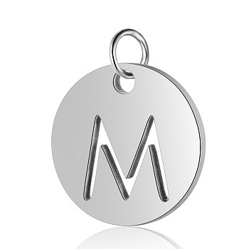304 Stainless Steel Charms, Flat Round with Letter, Stainless Steel Color, Letter.M, 12x1mm, Hole: 2.5mm