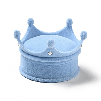 Flocking Plastic Crown Finger Ring Boxes, for Valentine's Day Gift Wrapping, with Sponge Inside, Sky Blue, 6.7x6.5x4.5cm, Inner Diameter: 5.1cm
