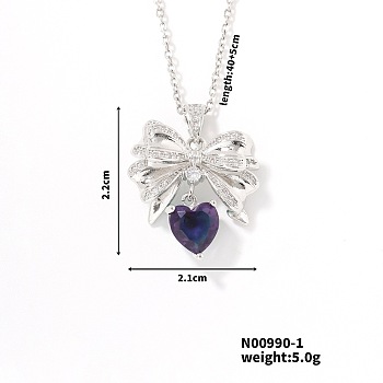 Brass Dark Indigo Rhinestone Bowknot Heart Shiny Pendant Necklaces for Women, Platinum, 15.75 inch(40cm)