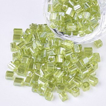6/0 Glass Seed Beads, Transparent Colours Luster, Square Hole, Cube, Yellow Green, 6/0, 3~5x3~4x3~4mm, Hole: 1.2~1.4mm, about 4500pcs/bag