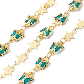 Handmade Eco-friendly Brass Butterfly & Star Link Chain, with Glass & Seed Beaded, Real 18K Gold Plated, Lead Free & Cadmium Free, Soldered, with Spool, Dark Turquoise, 8.5x6.5x0.3mm, 6x7x2mm, 11x7x2mm