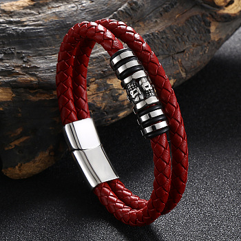 Stainless Steel Skull Beaded Leather Double Layer Multi-strand Bracelet, Gothic Bracelet with Magnetic Clasp for Men, Red, 8-1/2 inch(21.6cm)