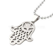 Non-Tarnish Religion 304 Stainless Steel Ball Chain Star Hamsa Hand Pendant Necklaces for Women Men, Stainless Steel Color, 24.09 inch(61.2cm), Pendant: 34.5x26.5mm(NJEW-U005-05P)