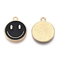 Light Gold Tone Alloy Enamel Pendants, Flat Round with Smiling Face Charms, Black, 19x16x1.5mm, Hole: 1.8mm(ENAM-N056-197F)