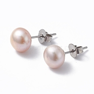 Natural Pearl Ear Studs, 304 Stainless Steel Pin Ear Stud for Women, Round, Thistle, 17~18x8mm, Pin: 0.7mm(EJEW-P223-01E-P04)