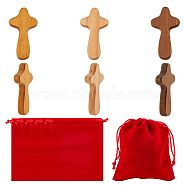 Elite 6Pcs 3 Colors Wood Hand-held Cross, Praying Cross, for Christian Gift, Religious Table Altar Decoration, with 6Pcs Rectangle Velvet Pouches, Mixed Color, 102~120x54.5~100x15mm, 2pcs/color(WOOD-PH0002-48)