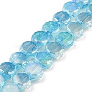 Imitation Jade Glass Beads Strands, AB Color Plated, Faceted, Flat Round, Sky Blue, 7x3.5mm, Hole: 1.4mm, about 59pcs/strand, 16.22''(41.2cm)(GLAA-P058-05A-05)