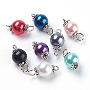 Pearlized Glass Pearl Links connectors, with Tibetan Style Alloy Bead Spacers and Iron Eye Pin, Round, Mixed Color, Antique Silver & Platinum, 17x8mm, Hole: 2mm and 3mm(X-PALLOY-JF00348)