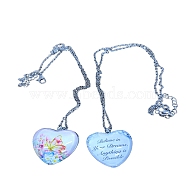 Heart Glass Pendant Necklaces, with Platinum Alloy Chains, Pearl Pink, Pendant: 23x25mm(PW23052492895)