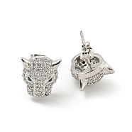 Wolf Brass Micro Pave Clear & Green Cubic Zirconia Stud Earrings for Women, Platinum, 11x11mm(EJEW-G387-02P)