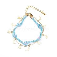 Brass Moon and Star Charms & Seed Flower Double Layer Multi-strand Bracelet for Women, Pale Turquoise, 7-5/8 inch(19.5cm)(BJEW-JB08849)