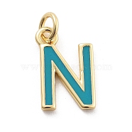 Rack Plating Brass Pendants, with Enamel and Jump Ring, Cadmium Free & Lead Free, Long-Lasting Plated, Real 18K Gold Plated, Letter, Letter N, 11.5x7.5x1mm, Hole: 2.5mm(KK-C065-03N-G)