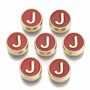 Alloy Enamel Beads, Cadmium Free & Nickel Free & Lead Free, Flat Round with Initial Letters, Light Gold, Letter.J, 8x4mm, Hole: 1.5mm(X-ENAM-S122-028J-NR)