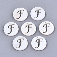 Natural Freshwater Shell Charms, Flat Round with Hollow Out Letter, Letter.F, 14.5x1.5mm, Hole: 0.9mm(SHEL-S276-119F)