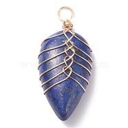 Natural Lapis lazuli Pendants, with Light Gold Tone Copper Wire Wrapped, Water Drop, 35~36x16~17x8.5mm, Hole: 4mm(PALLOY-JF01291-02)