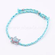 Braided Nylon Cord Bracelets, with Brass Micro Pave Cubic Zirconia Slide Charms, Lead Free & Cadmium Free, Tortoise, Real Platinum Plated, Light Blue, 9-7/8 inch~10-1/4 inch(250~260mm)(BJEW-P173-49P)