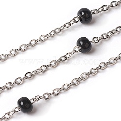 304 Stainless Steel Cable Chains, Satellite Chains, with Enamel, Soldered, with Spool, Flat Oval, Black, 2.4x2x0.4mm, Beads: 4mm, about 32.8 Feet(10m)/roll(CHS-E016-01A)