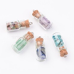 Glass Bottle Pendants, with Natural & Synthetic Gemstone Chip Beads and Iron Findings, Platinum, Mixed Color, 25x10mm, Hole: 1.5mm(X-PALLOY-JF00248)