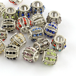 Hollow Rondelle Antique Silver Plated Alloy Rhinestone European Beads, Large Hole Beads, Mixed Color, 10~11x9.5mm, Hole: 5mm(X-ALRI-Q228-06)