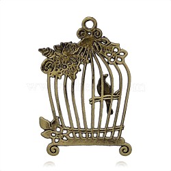 Alloy Big Pendants, Long-Lasting Plated, Bird in Cage, Antique Bronze, 61x40x2mm, Hole: 3mm(PALLOY-J154-04AB-3A)