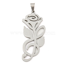 Non-Tarnish 304 Stainless Steel Pendants, Laser Cut, Rose Charm, Stainless Steel Color, 38x16x1.5mm, Hole: 6x3mm(STAS-Z076-15P)