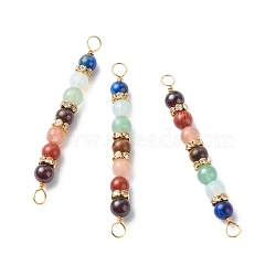 7 Chakra Mixed Gemstone Copper Wire Wrapped Connector Charms, Gems Crystal Rhinestone Round Link, Light Gold, 61.5x6.5mm, Hole: 3.5mm(PALLOY-JF01900-02)