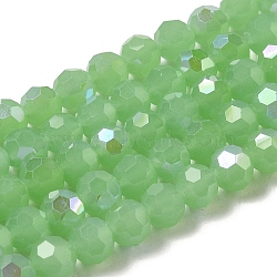 Imitation Jade Glass Beads Strands, Faceted, Round, Light Green, 8x7~7.5mm, Hole: 1.2mm, about 65~67pcs/strand, 19.49~19.69''(49.5~50cm)(EGLA-A035-J8mm-L01)