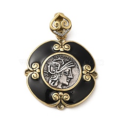Brass with Cubic Zirconia & Enamel Pendants, Long-Lasting Plated, Cadmium Free & Lead Free, Flat Round, Antique Silver & Antique Golden, 34.5x30.5x6mm, Hole: 9x3.5mm(KK-Z033-06AS)