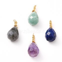 Wire Wrapped Faceted Natural Green Aventurine & Amethyst & Lapis Lazuli & Labradorite Pendants, with Golden Plated Brass Wire, Teardrop, 22~25mm, Hole: 1.6mm, teardrop: 13.5~14x10mm(PALLOY-JF00542)