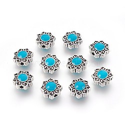 Alloy Beads, with Resin, Flower, Antique Silver, Deep Sky Blue, 11x5~5.5mm, Hole: 1.6mm(ENAM-F095-05AS-03)