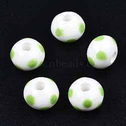 Handmade Porcelain Beads, Famille Rose Style, Rondelle with Polka Dot Pattern, Lime Green, 12.5x9.5mm, Hole: 3.5mm(PORC-S504-001G)