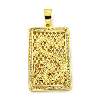 Brass Micro Pave Clear Cubic Zirconia Pendant, Real 18K Gold Plated, Dragon, Rectangle, 38x22x4mm, Hole: 7x3mm