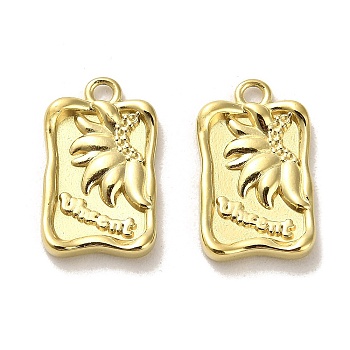 304 Stainless Steel Pendants, Rectangle with Leaf Charms, Real 14K Gold Plated, 20x12x2.5mm, Hole: 2mm