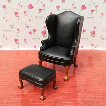 Single and Double Imitation Leather Sofas with Footrests for Dollhouse Miniature Furniture Model, Black, 105x65mm