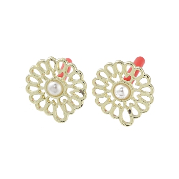 Rack Plating Golden Alloy with ABS Pearl Stud Earring Findings, with Loops and 304 Stainless Steel Pins, Cadmium Free & Nickel Free & Lead Free, Flower, 17x15.5mm, Hole: 2mm, Pin: 0.7x10mm