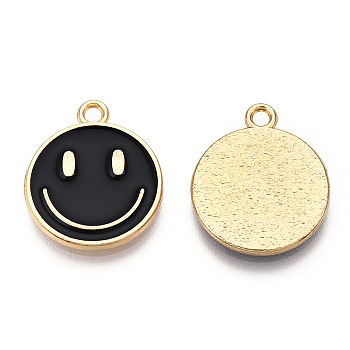 Light Gold Tone Alloy Enamel Pendants, Flat Round with Smiling Face Charms, Black, 19x16x1.5mm, Hole: 1.8mm