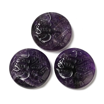 Natural Amethyst Pendants, Flat Round Charms with Engraved Tree of Life, 35~37x7.5~9.5mm, Hole: 1.5mm